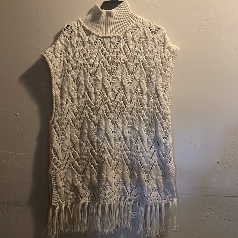 POL Woman's Open Knit Long Vest Pullover Cream Color Size Large Bohemian